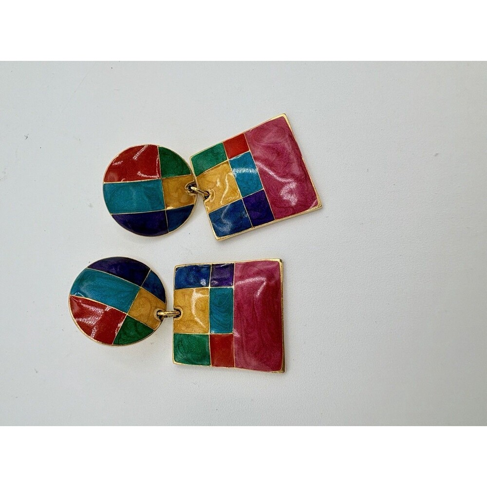 Vintage Signed Edgar Berebi 80s Enamel Art Deco Earrings Colorblock Dangle - Picture 6 of 6